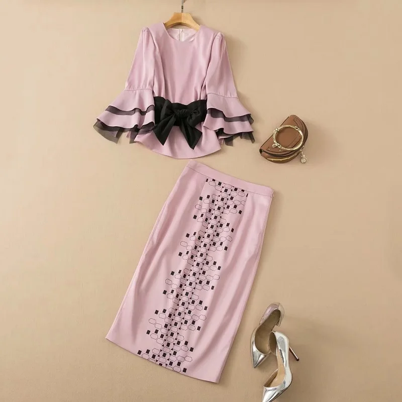 

High Quality Skirt Suits 2022 Spring Summer Fashion 2 Piece Set Women Bow Deco Flare Sleeve Pink Tops Blouse+Midi Skirt Sets