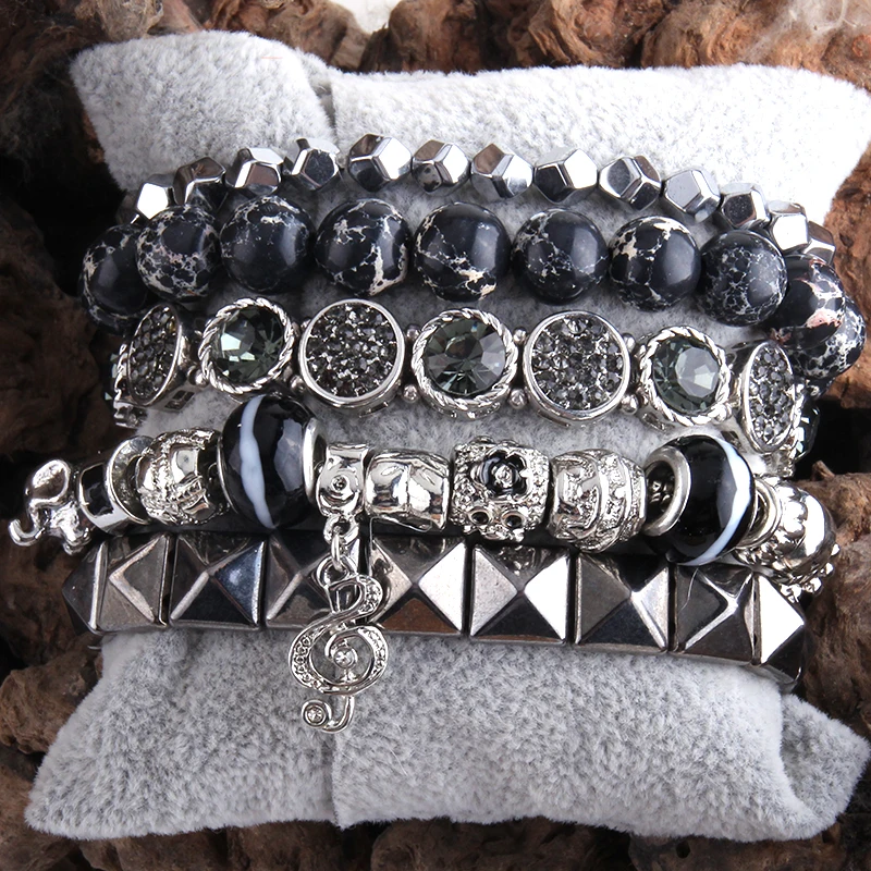 

RH Fashio Designer Beaded Bracelet Set Natural Stone Metal Crystal 5pc Bracelets & Bangles Set For Women Fashion Jewelry