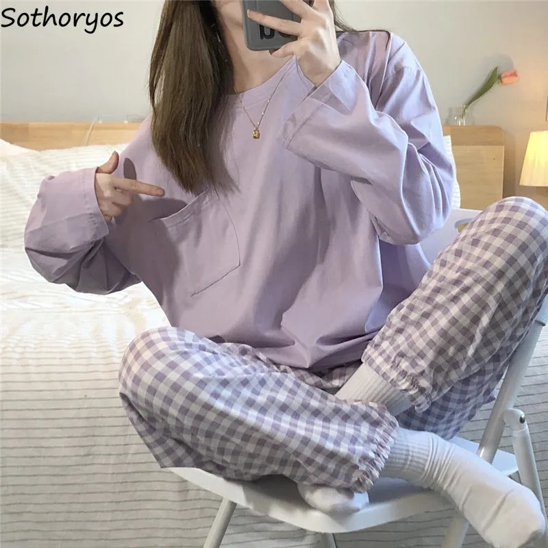 

O-neck Long Sleeve Pajama Sets Women Autumn Plaid Sweet Pockets Female Tender Popular Simple Chic Homewear Soft Young Nightwear