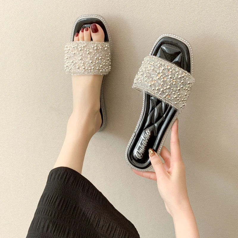 

Slippers Women Summer Shoes Luxury Slides Pantofle Low Jelly Flip Flops Flat Designer 2021 Glitter Rome Crystal Fashion Fabric P