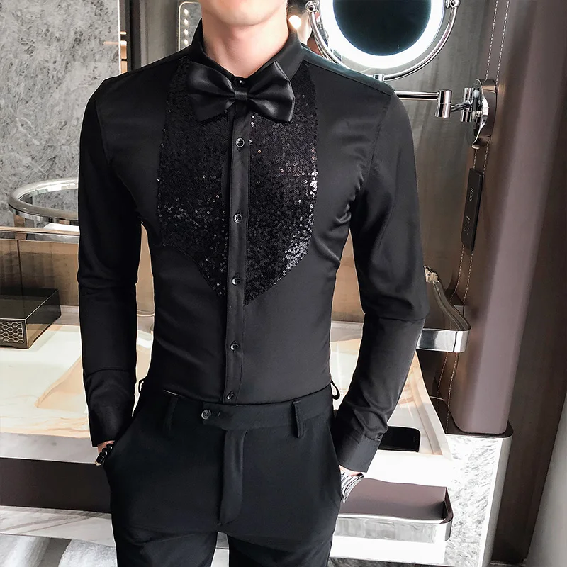 White Black Tuxedo Shirt Men Sequins Patch Solid Long Sleeve Dress Slim Fit Shirts Stage Wedding Prom Gentleman Blouse Male