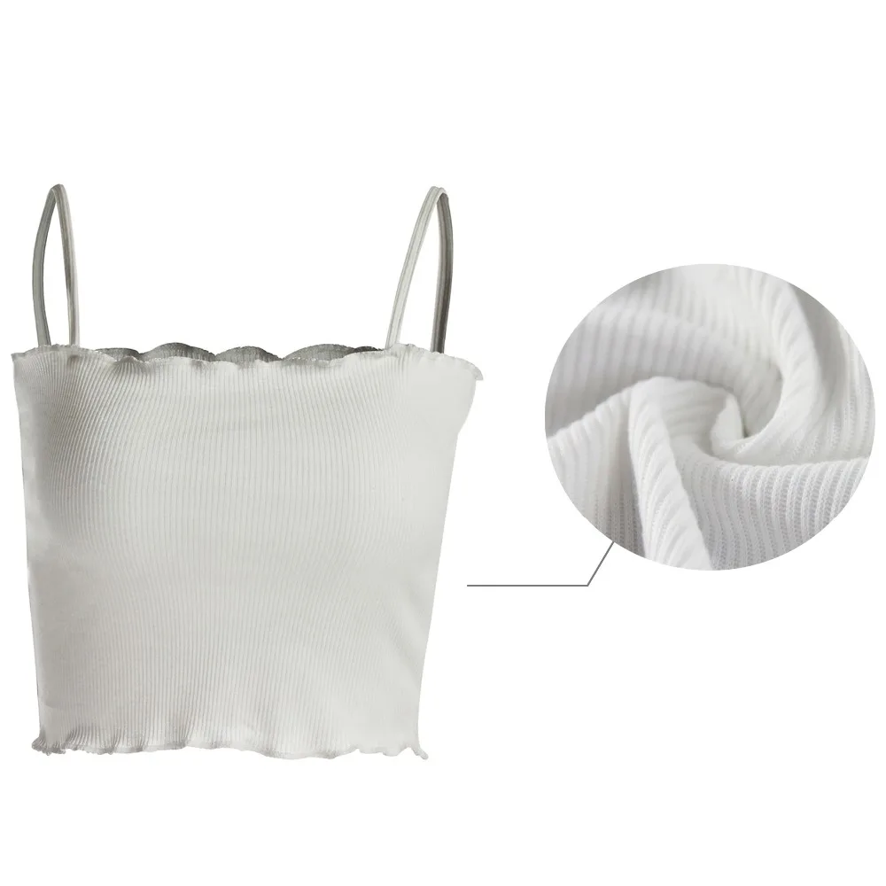 

Women Bralette Crop Top Ribbed Knit Cropped Top Ruffle Trim Cami Stretchy White Spaghetti Strap Plain Vest Summer Clothing