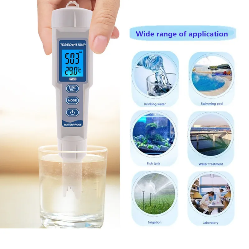 Измеритель температуры 4 в 1 TDS/PH/EC/PH-3508 с подсветкой водонепроницаемый цифровой