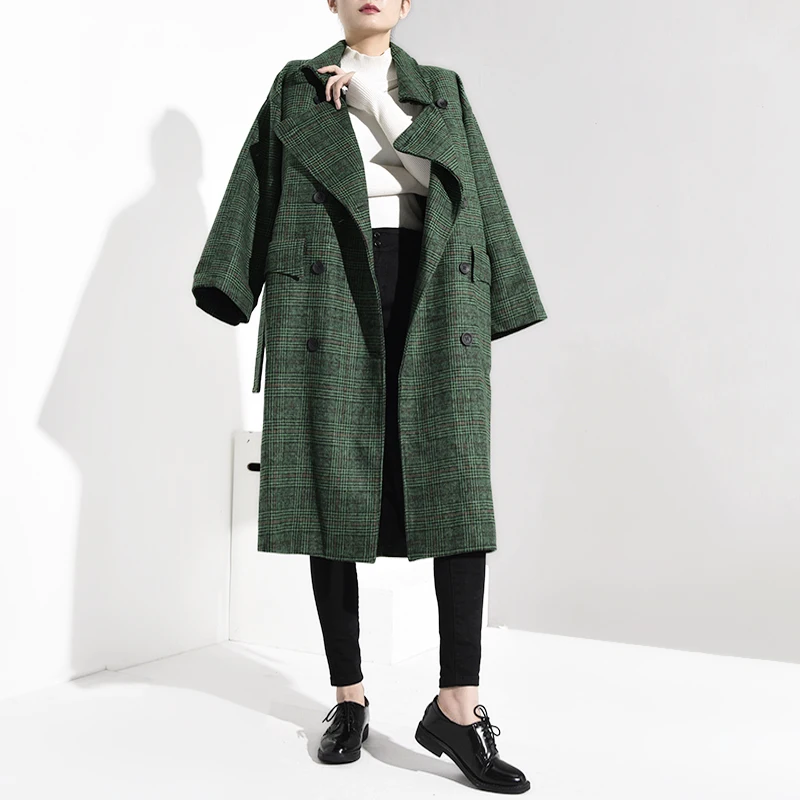 LANMREM 2018 модное осеннее двубортное повседневное свободное зеленое клетчатое