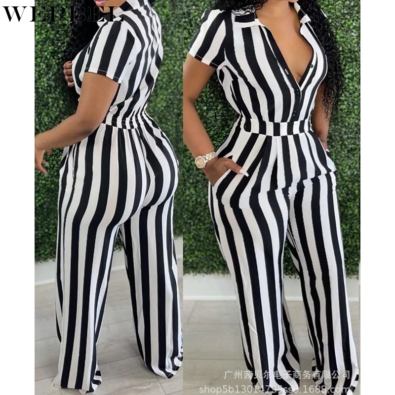 

WEPBEL Jumpsuits Women's Striped Slim Single-Breasted Jumpsuits Summer Sexy Short Sleeve High Waist Pocket Straight Jumpsuits