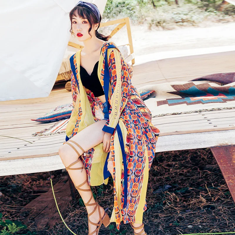 Летнее женское кимоно блузка с капюшоном длинным рукавом цветочным принтом