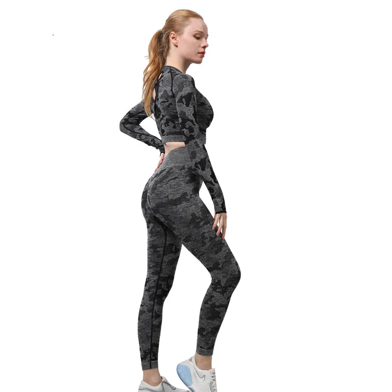 

2Pieces set Gym Set Workout Clothes For Women Fitness Camouflage Long Sleeve Top Seamless Scrunch Butt Leggings Yoga Sport Suits