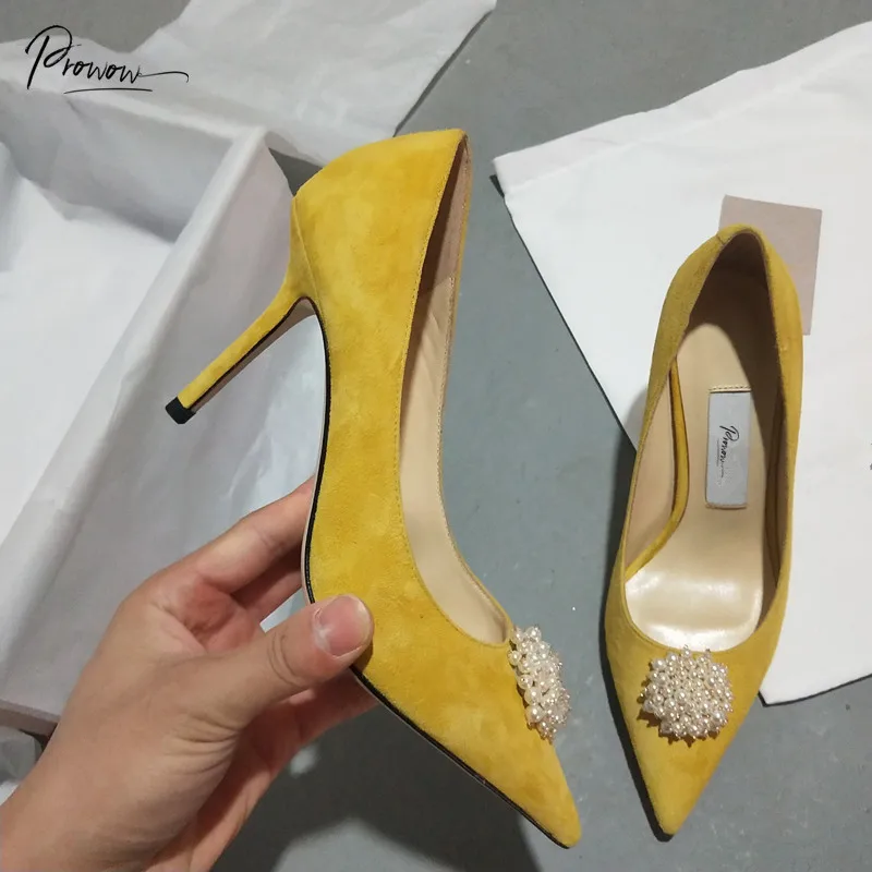 

Prowow New Fashion Black Kid Suede Spring Summer Women Pumps Pointed Toe Slip On Thin High Heel Women Pumps Party Shoes Woman