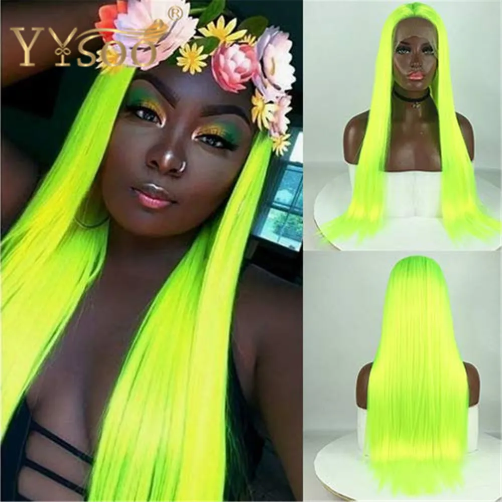 YYsoo Fluorescent Green Synthetic Lace Front Wigs Silk Straight Bright Yellow Green Wig with Free Part High Temperature Fiber