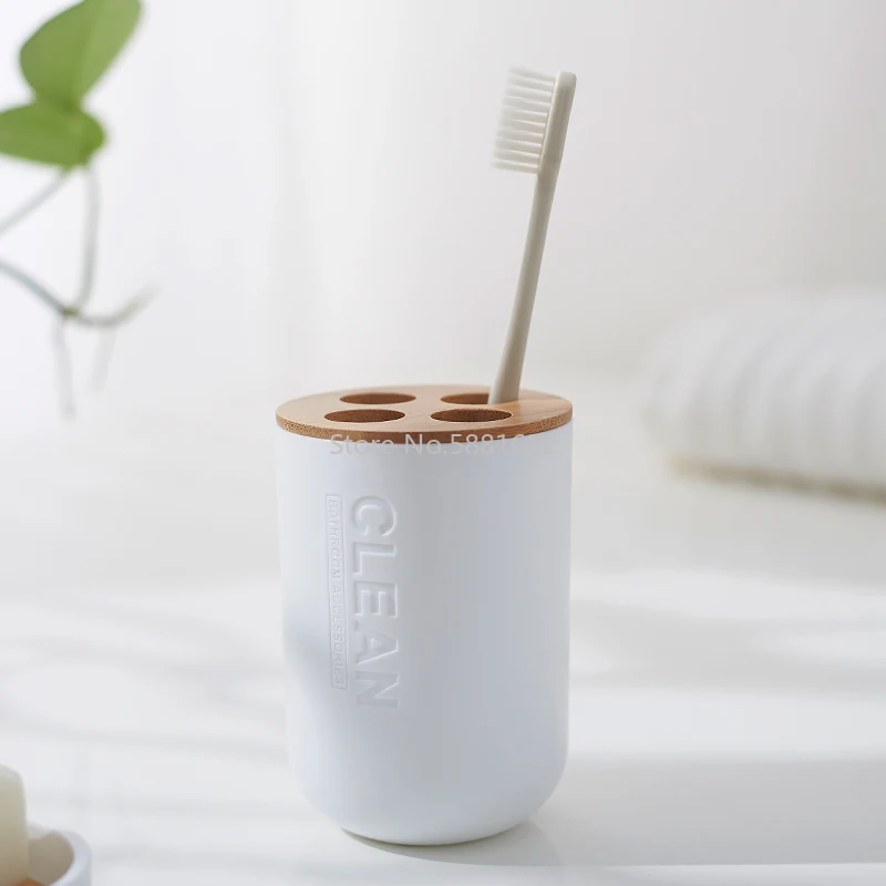 Multifunctional Plastic Toothbrush Cup with Bamboo Wood Holder Brush Bathroom Accessories | Дом и сад