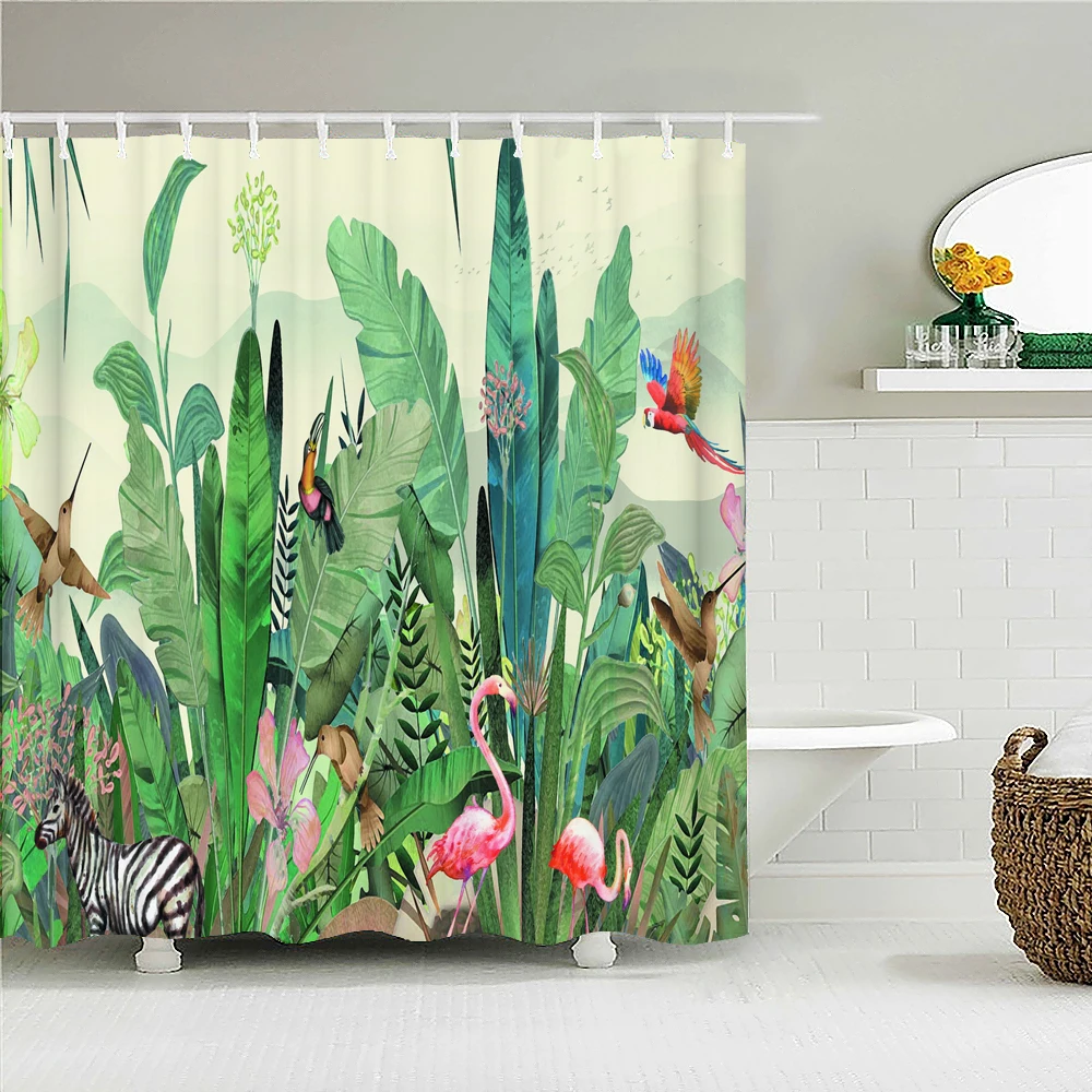 

Tropical Plants Palm Tree leaves Shower Curtain Bathroom Curtains Flamingo Birds Waterproof Fabric Bathtub Decor With 12 Hooks