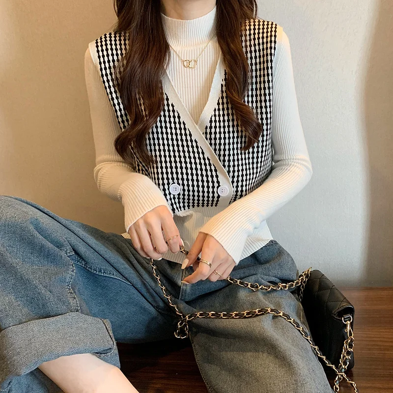 

Маленький жилет с вязаным жилетом для женщин на весну и осень, новинка 2021, клетчатая осенняя одежда, складная универсальная модная одежда