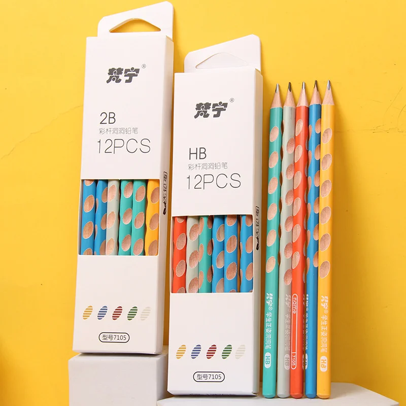 

12 Pcs Color Wooden Hole Pencil Set HB 2B Correction Holding Posture Kindergarten Writing Pen Primary School Student Stationery