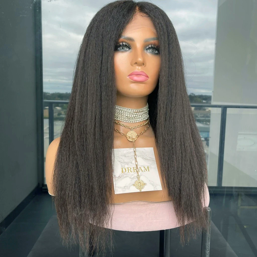 

180% DensityGlueless 26Inch Long Yaki Kinky Straight Synthetic Lace Front Wig For Black Women PrePlucked BabyHair Heat Resistant