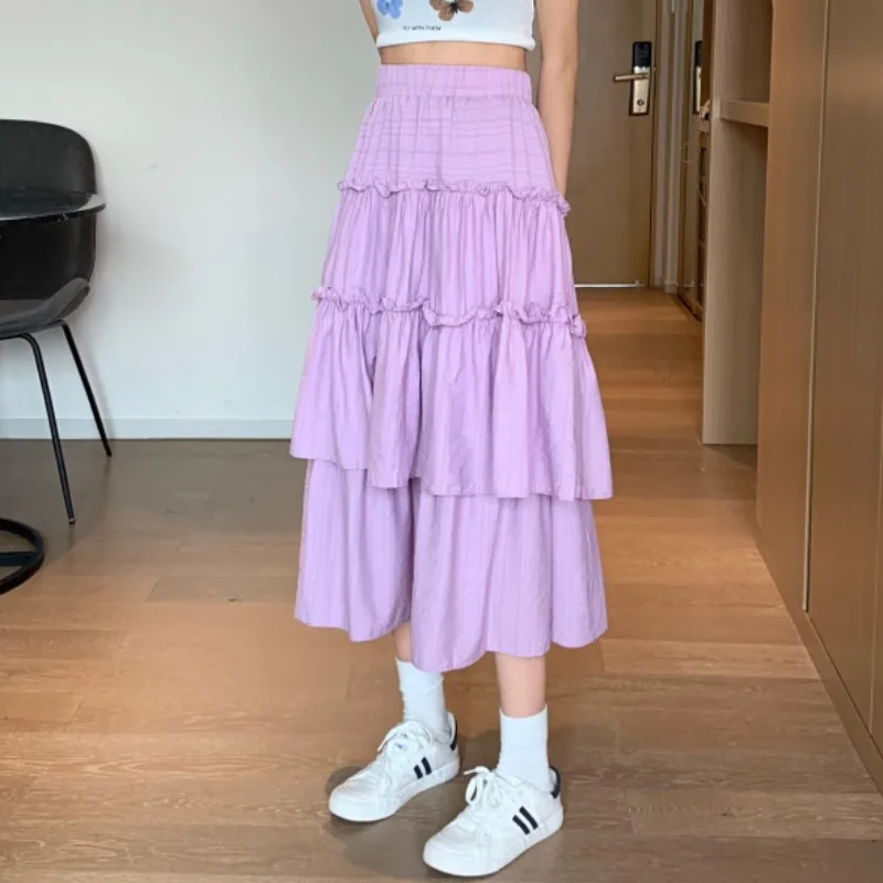 

2021 Spring and Summer High Waist Slimming A- line Skirt Women's Anti-Aging Mid-Length White Skirt Pleated Tiered Skirt Ins
