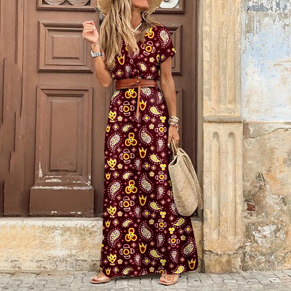 

Fashion Boho Long Dress Elegant Women's Dress Women V Neck Short-Sleeve Print Paisley Belt Large Hem Beach Long Dress 2021