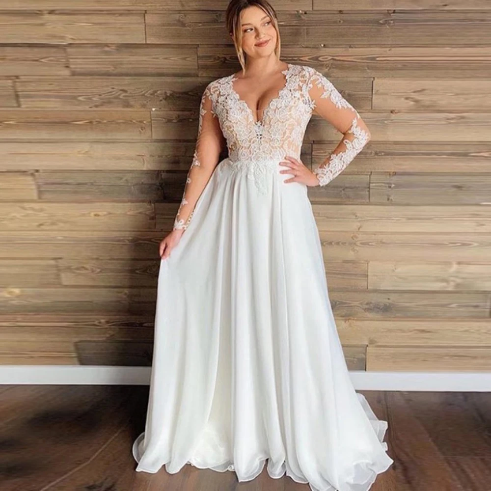 

Vestidos Sexy Wedding Dresses Chiffon Appliques V-Neck Full Sleeve Covered Button A-Line Bridal Gowns Novia Do Plus Size