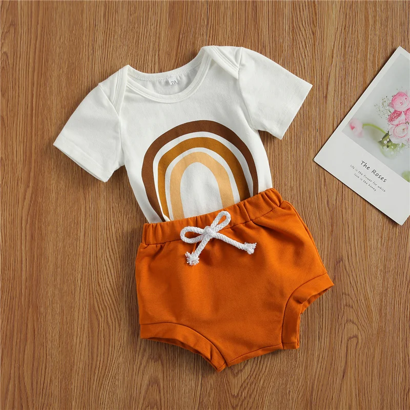 

2Pcs Infant Unisex Kids Suit Set Rainbow Print Round Collar White Short Sleeve Romper+Solid Color Shorts for Summer Baby
