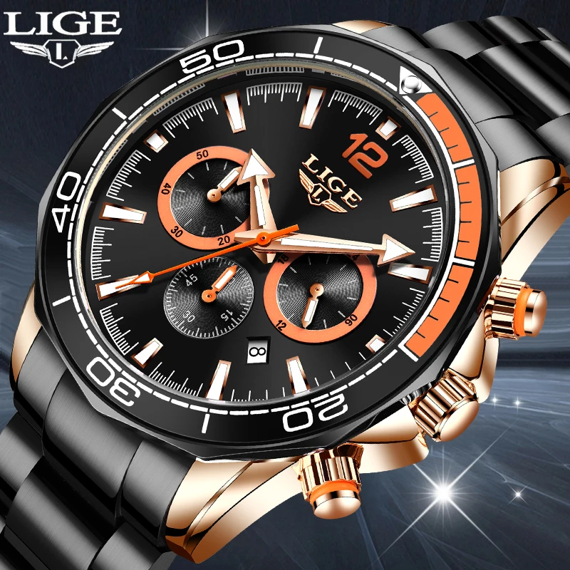 2021 LIGE Brand Mens Watches Luxury 316L Steel Quartz Clock Fashion Chronograph Date Waterproof Man Wristwatch Relogio Masculino