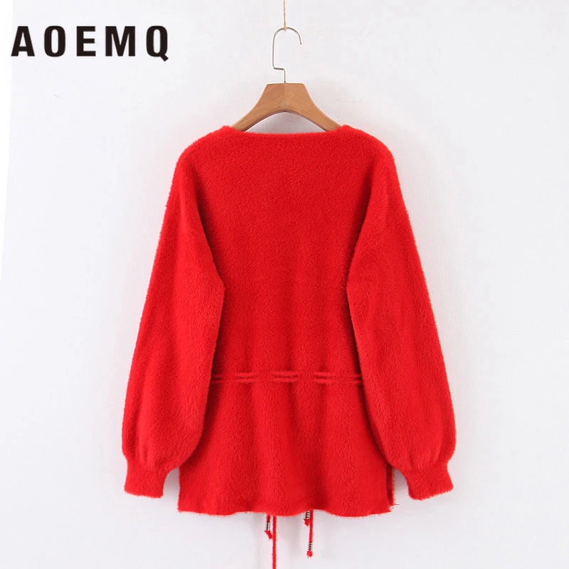 AOEMQ Winter Vintage Classic Sweaters Pullovers Christmas Lantern Sleeve 4 Colors Solid Fluff Warm Soft Women | Женская одежда