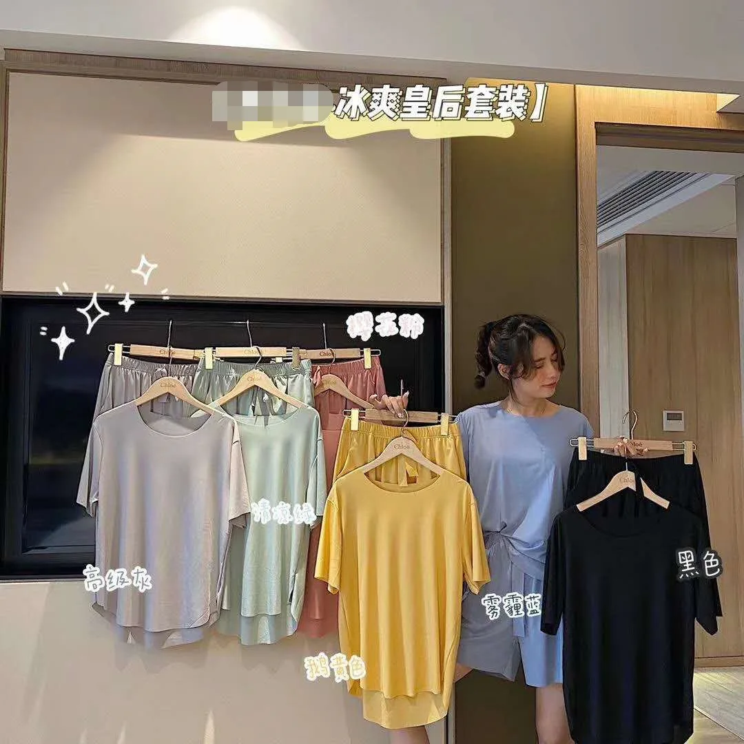 2021 Summer New Women's Pajamas Sets Casual Ice Silk Short Sleeve Solid Color Loose Fashion Home Clothes Female Sleepwear