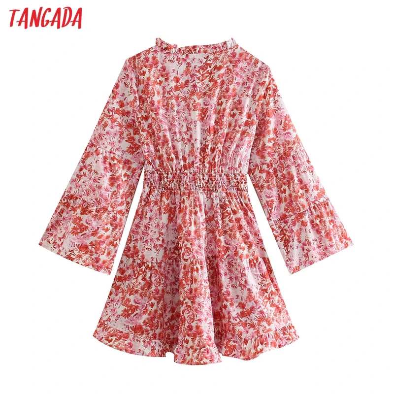 

Tangada 2021 Fashion Women Print Boho Dress Flare Long Sleeve Bow Collar Ladies Vintage Mini Dress 2W94