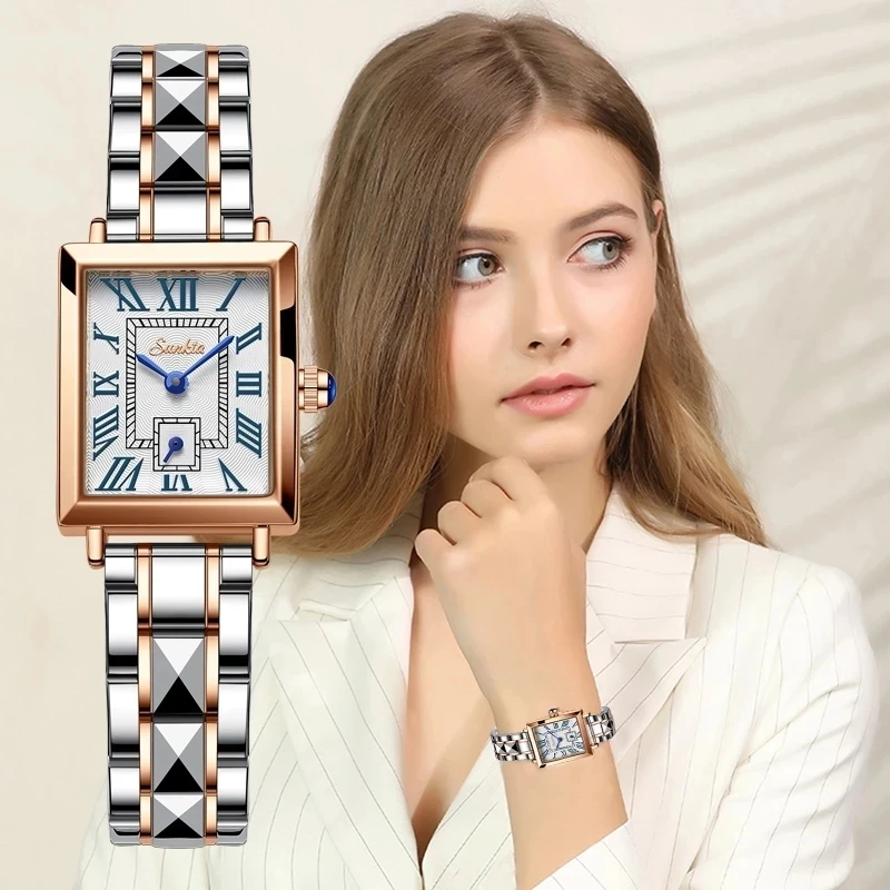 Enlarge 2021New Sunkta Watch for Women Luxury Brand Ladies Square Watch Roman Analog Display Waterproof Lady Quartz Watches Montre Femme