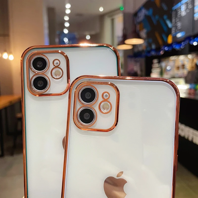 

Luxury Plating Clear Soft Square Frame Case For iPhone 12 11 Pro Max Mini X XR XS 7 8 Plus SE 2021 Camera Protection Cover