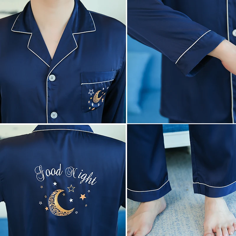 CAIYIER Moon Print Couple Silk Satin Pajamas Set Long Sleeve Trousers Sleepwear Men & Women Winter Luxury Nightwear Home Clothes