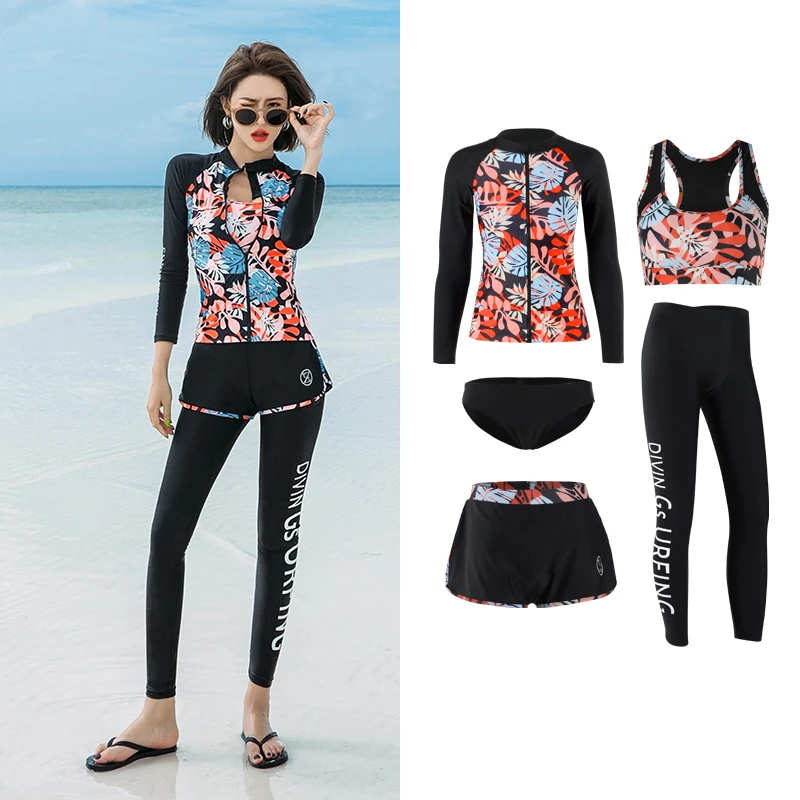 

Long Sleeve Rash Guard Women Print 5 Pieces Swimsuit Zipper Swimwear Bathing Suits Surfing Long Pant UV Protection Rash Guard