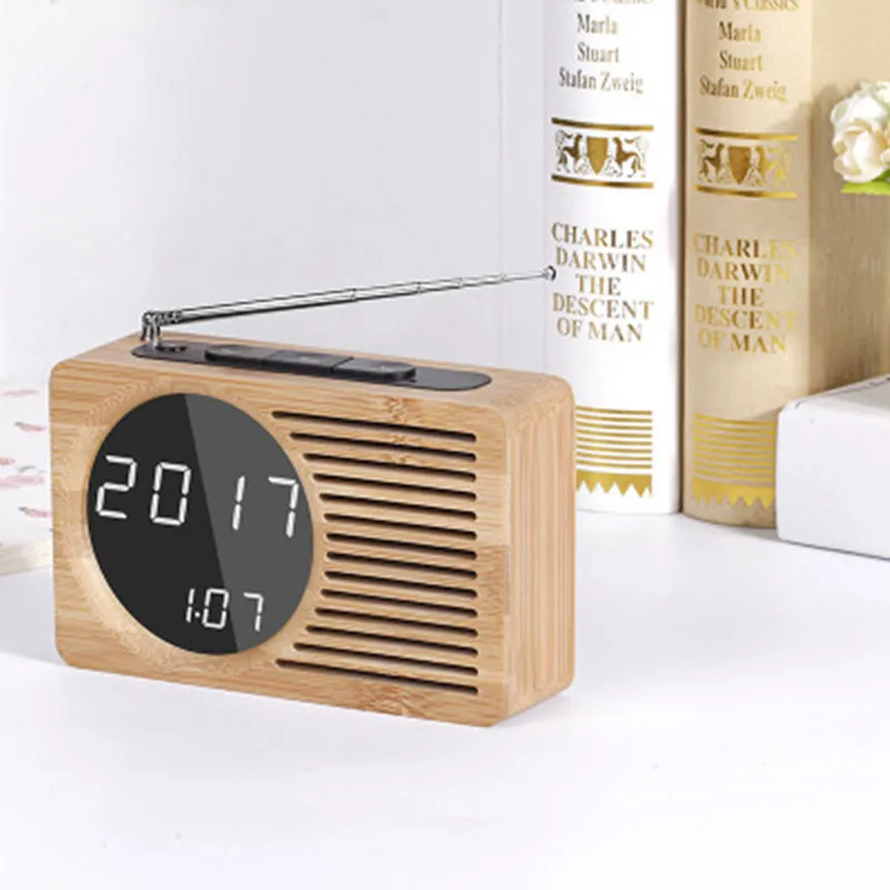 Новые настольные часы FM из бамбука модные светодиодные с отображением
