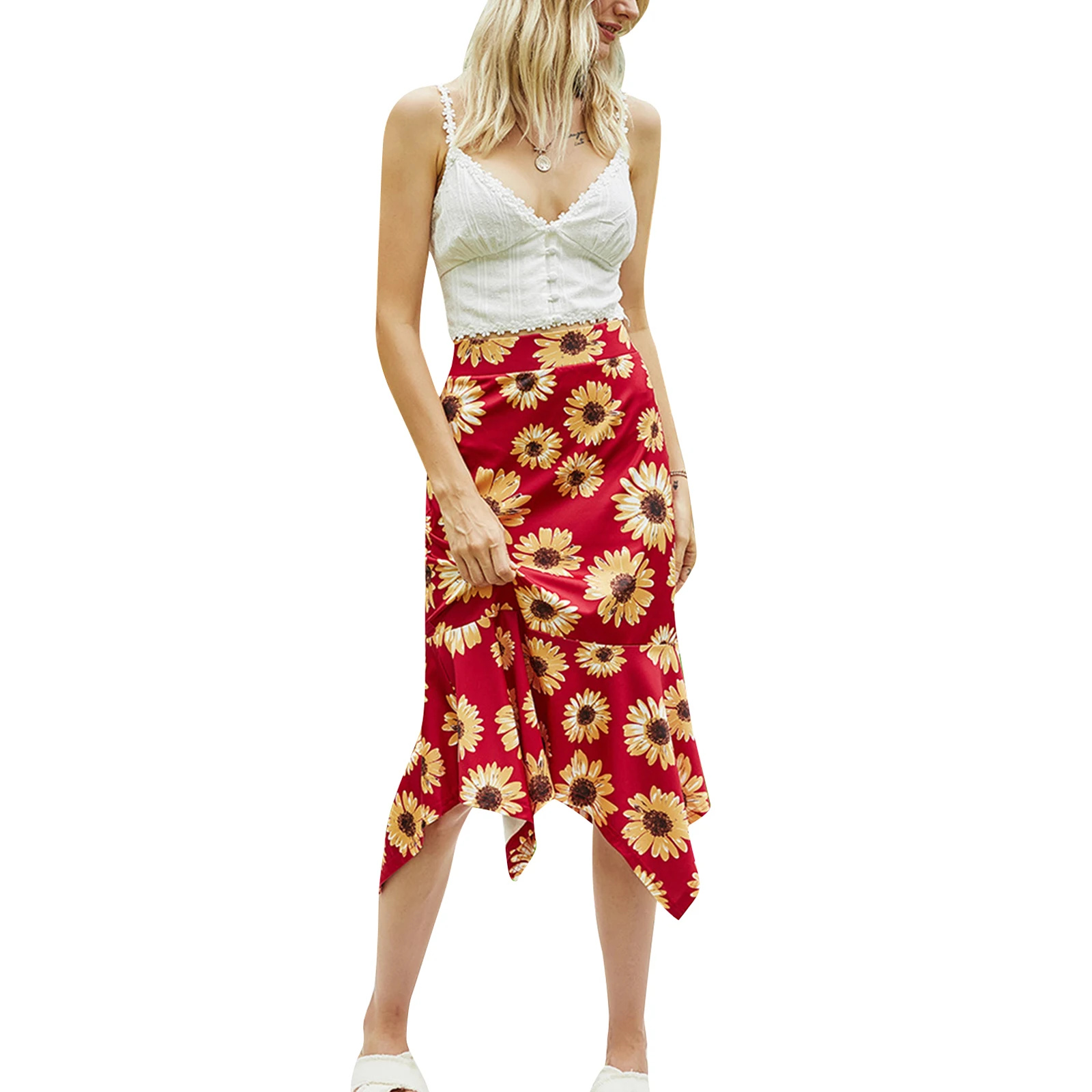 

Женская юбка с принтом подсолнухов и оборками на подоле, летняя одежда с высокой талией