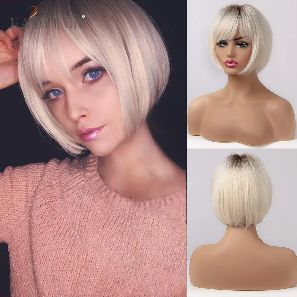 

EASIHAIR Short Hair Wig with Bangs Pixie Cut Ombre Black Ash Light Blonde Synthetic Wigs for Women Cosplay Wigs Heat Resistant