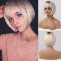 easihair short hair wig with bangs pixie cut ombre black ash light blonde synthetic wigs for women cosplay wigs heat resistant