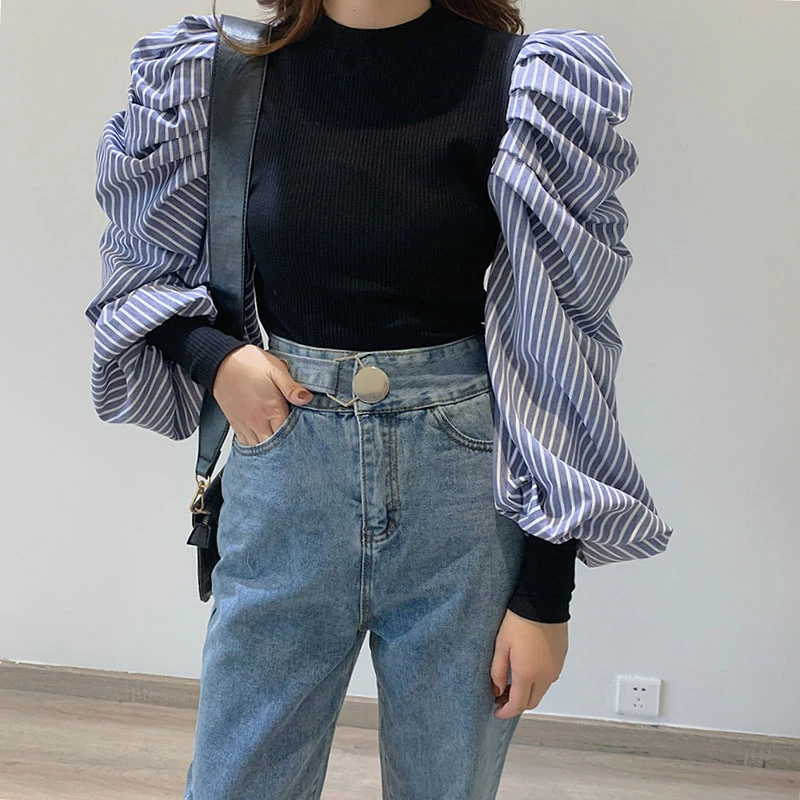 Женская трикотажная рубашка зеленая/черная/белая с рукавами-фонариками