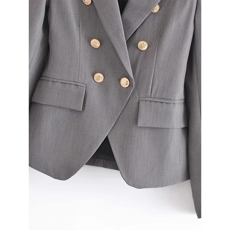 

Za Blazer Women 2021 Fashion Office Wear Grey Blazer Coat Vintage Long Sleeve Fake Pocket Female Outerwear Chic Tops