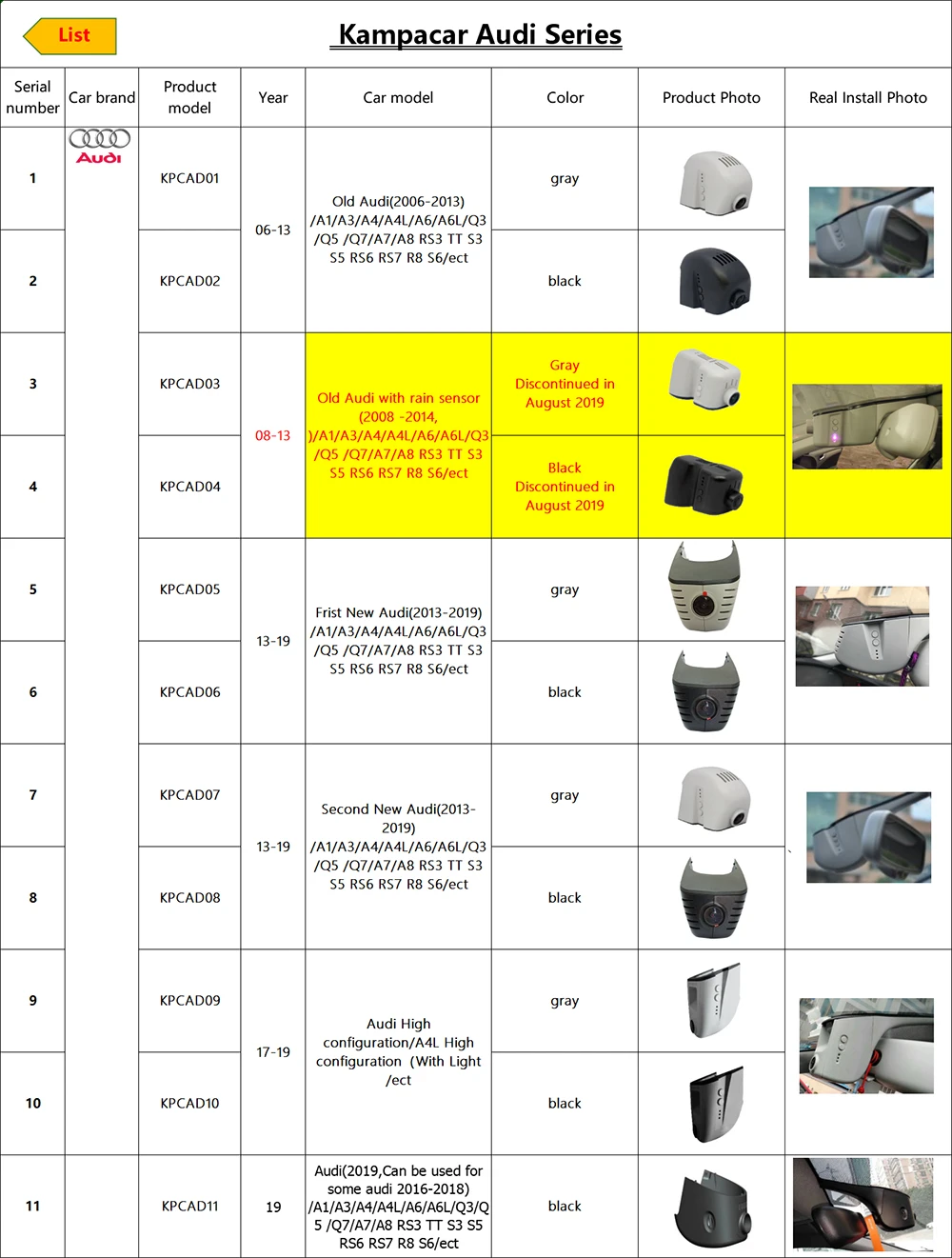 Автомобильный видеорегистратор Kampacar с Wi-Fi и двумя линзами для Audi Q3 Q5 Q7 A3 8P A4 B8 B7 B6 A5 A6 TT до 2013
