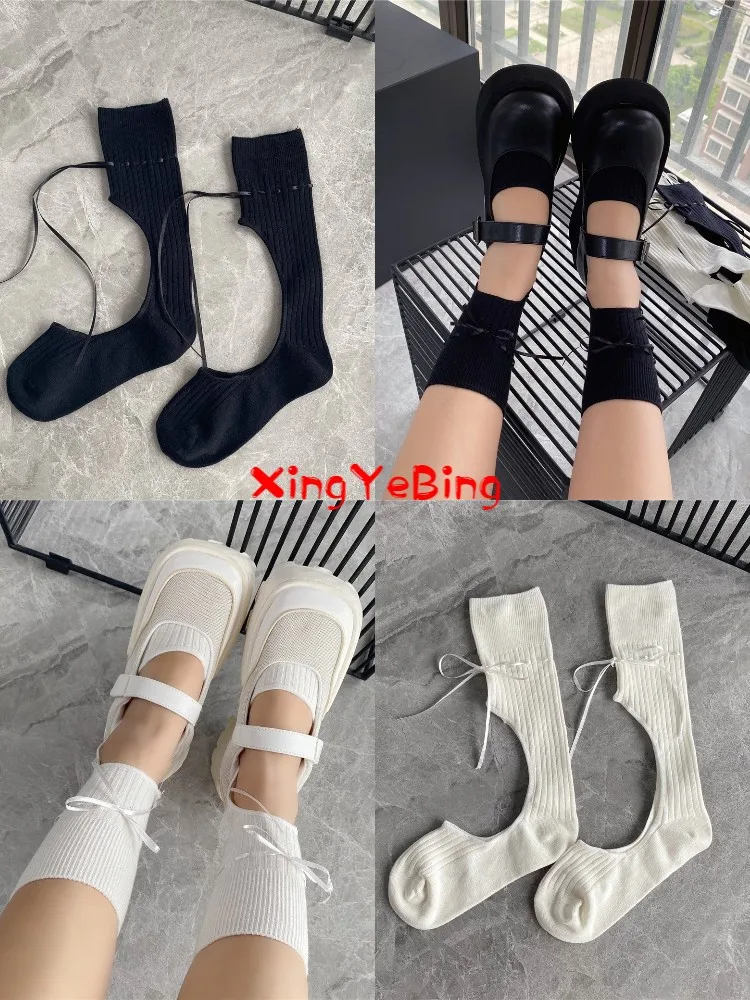 Hot Girls Cut Ribbon Stockings Sports Leisure Draw Rope Street Personality Black And White Cotton Socks In High Leg