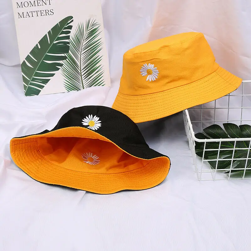 

Unisex Outdoor Fisherman Hat Sun Cap Daisy Double-sided Embroidery Bucket Hat