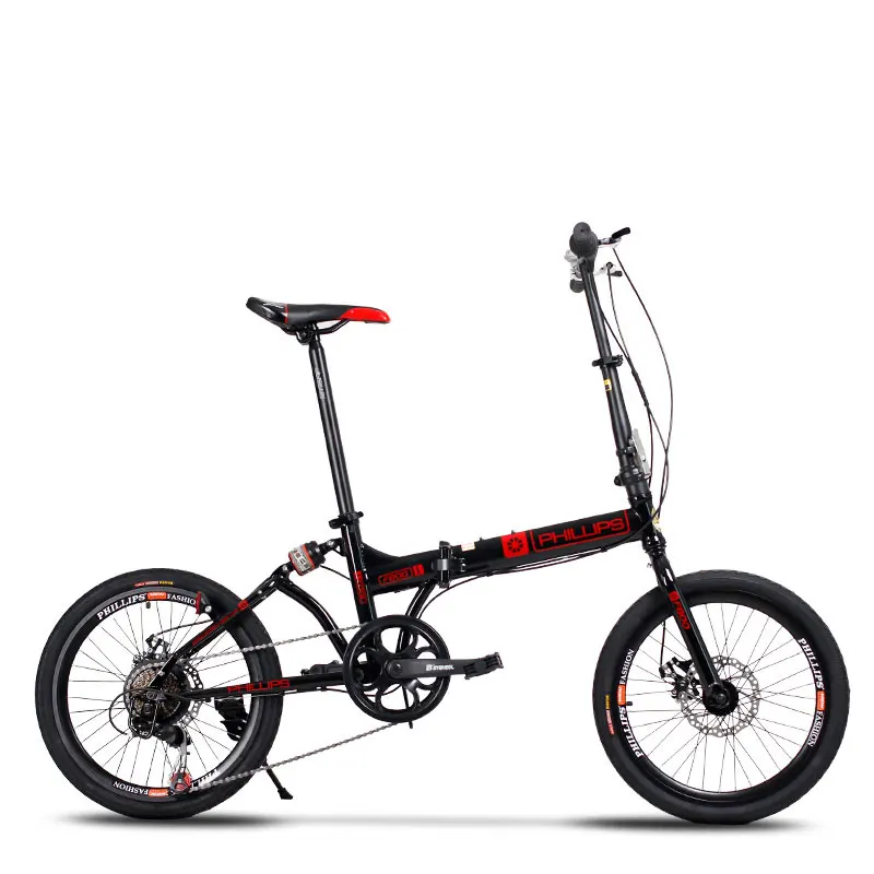 Bike Folding Bicycle 20 Inch Speed Double Disc Brake Shock Absorption Aluminum Alloy Rim Student Adult Men and Women - Color: Black