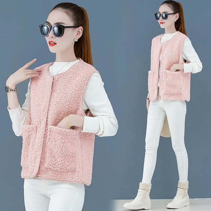 

Ladies Pure Color Lamb Roll Cotton Waistcoat Zipper Pocket Female Short Vest Coat Waistcoat Women Autumn Winter Waistcoat Women