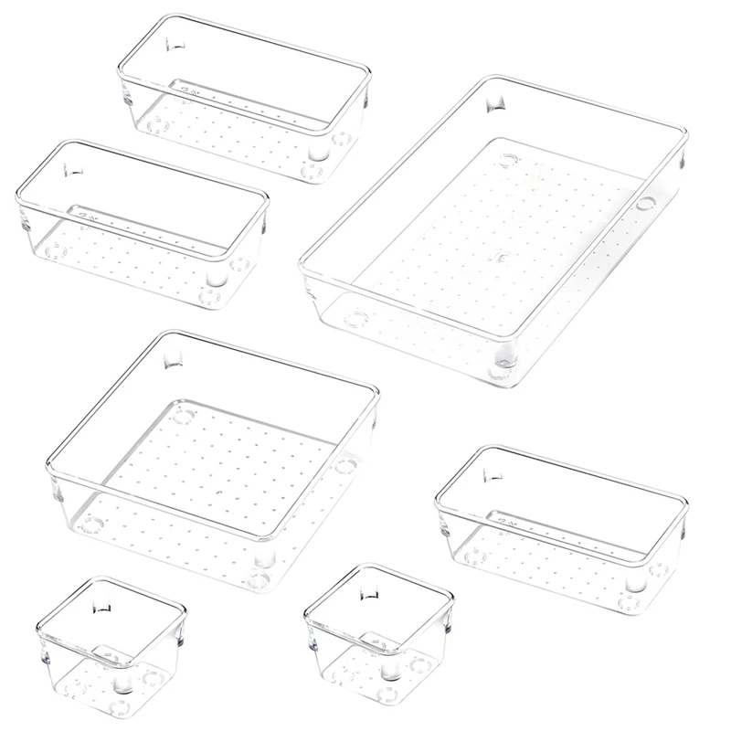 

Set of 7 Desk Drawer Organiser Trays with 4-Size Clear Plastic Storage Boxes Divider Make-Up Organiser for Office