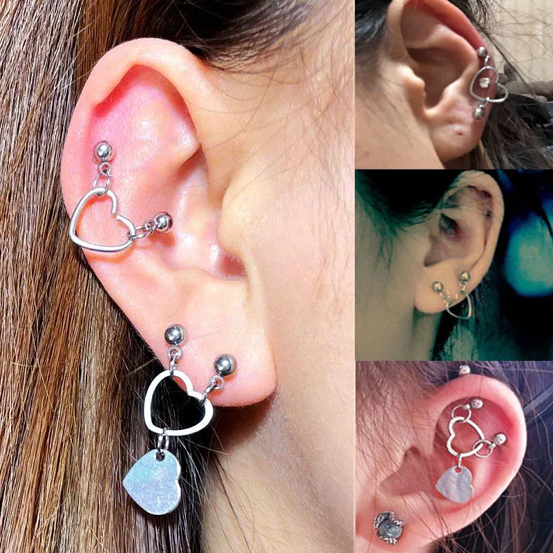 

2 PC Helix Piercing 2 Ear Hole Earrings Heart Hoops Studs Tragus Conch Lobe Rings Stainless Steel Dangle Ear Piercing Jewelry