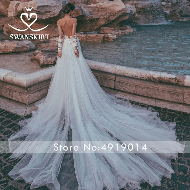 Vintage Sweetheart Wedding Dress Swanskirt Appliques A-Line Long Sleeve Chapel Train Bride Princess robe de mariee H123
