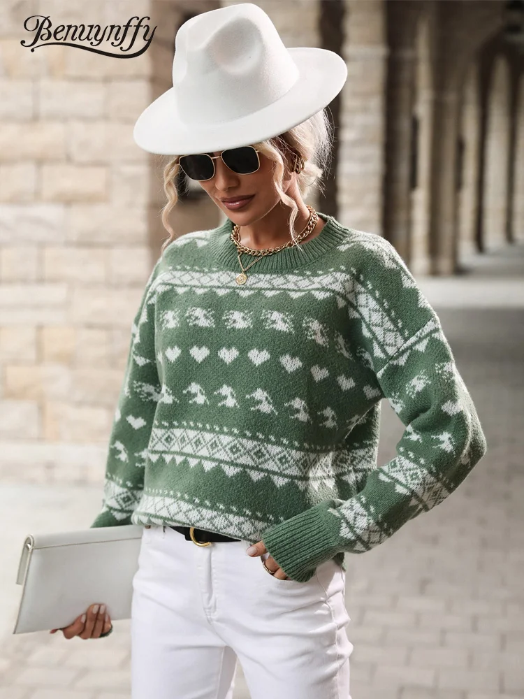 

Benuynffy Crew Neck Drop Shoulder Christmas Sweater Women Green Long Sleeve Knitted Pullover Female Casual Soft Sweater Tops