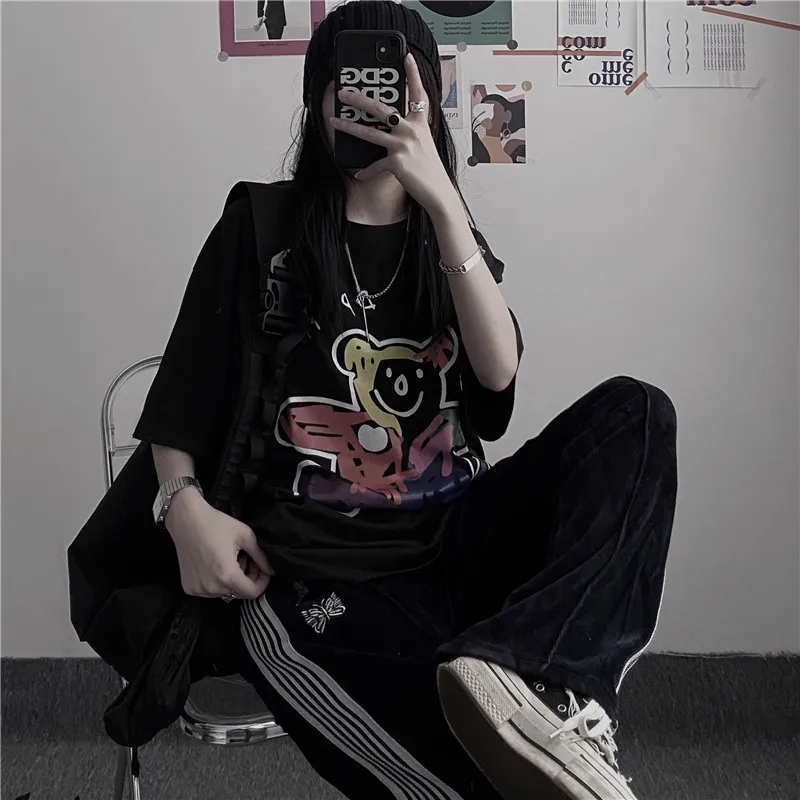 

Cartoon Doodle Print Loose Tops Summer New Korean Version Women's Clothing O-Neck Casual T-Shirts Half Sleeve Plus Size Tees