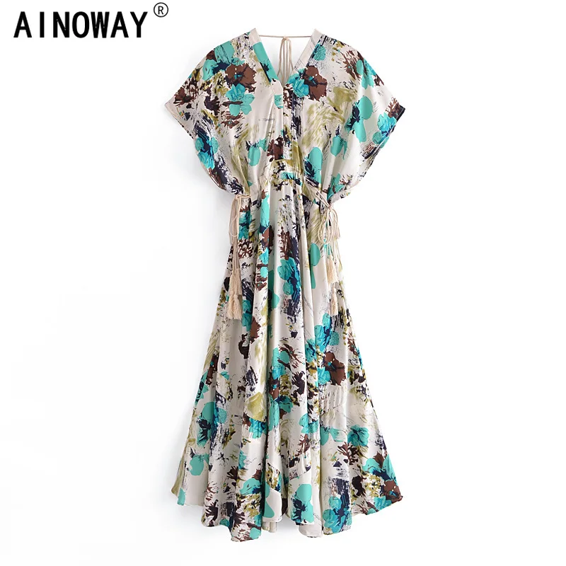 Женское пляжное платье с V-образным вырезом рукавом летучая мышь и бахромой |