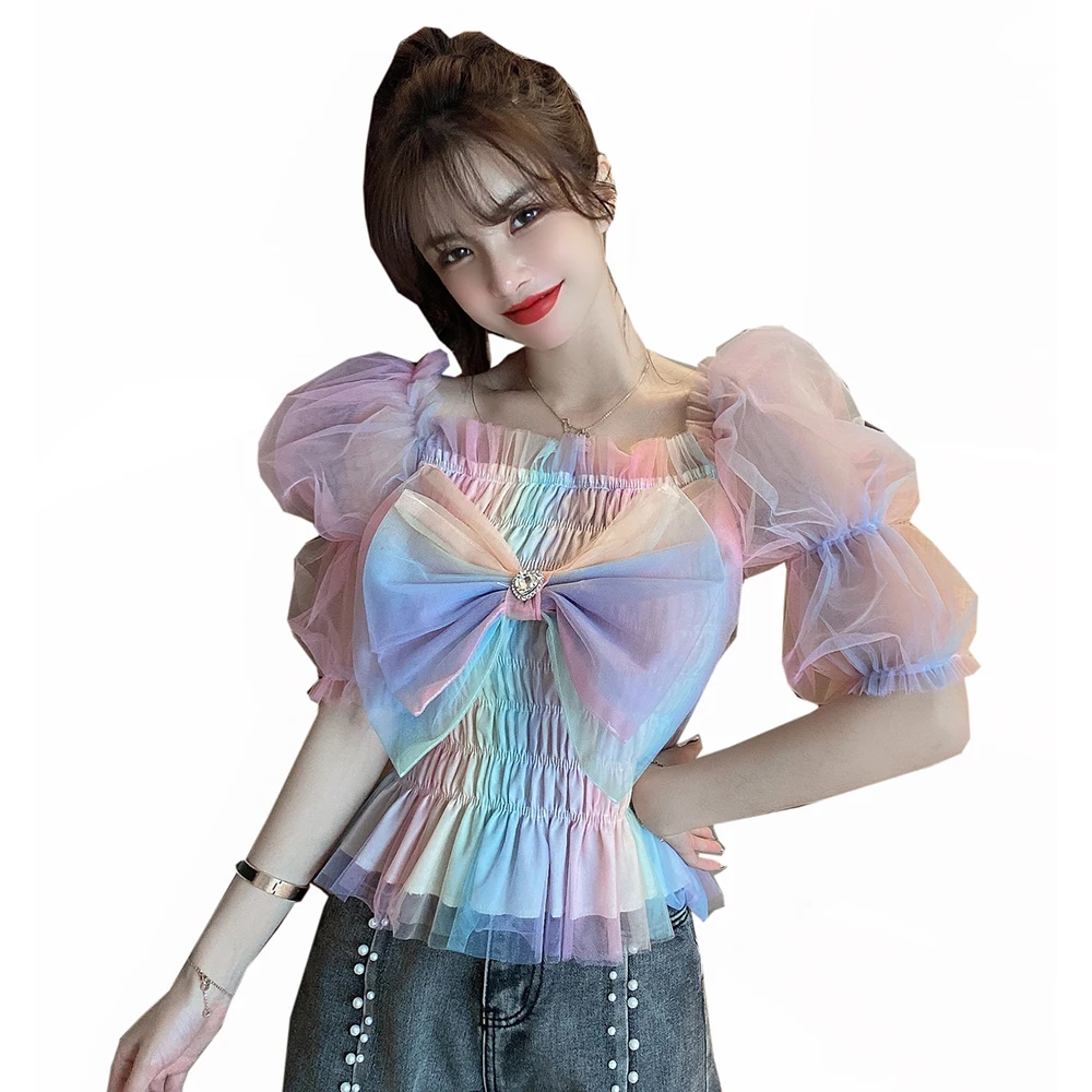 Женская блузка в стиле лолита Радужный топ с бантом и пышными рукавами|Футболки| |
