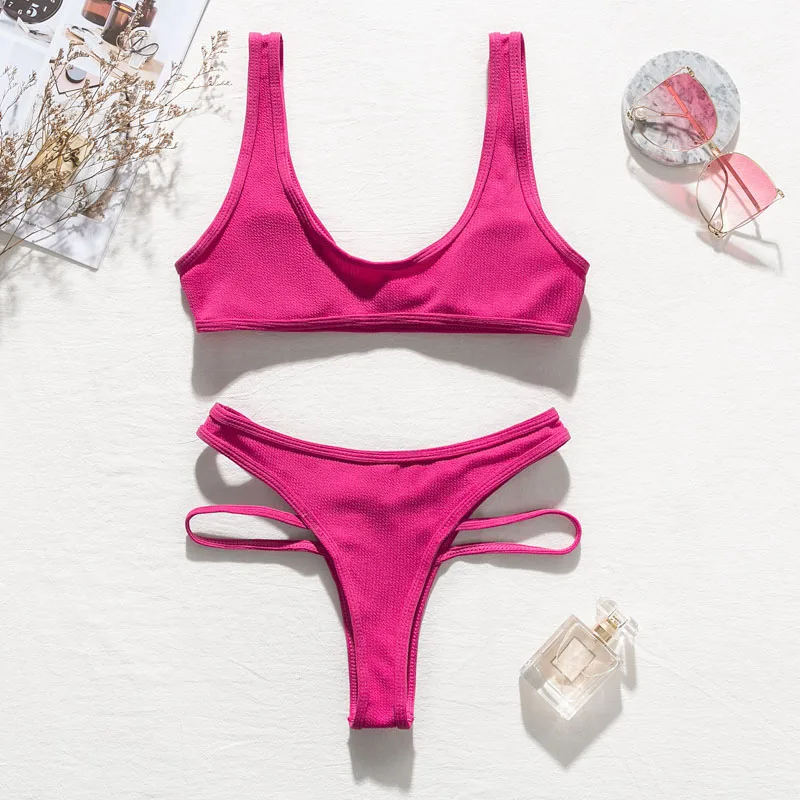 In-X High waist bikini Neon swimsuit female Ribbed swimwear women Bathing suit Sports bikini Beach wear Two-piece suit new