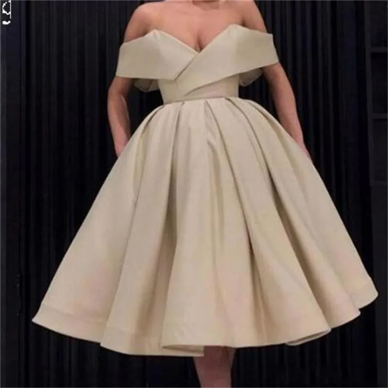 

Cheap Knee Length A Line Prom Dresses Short Satin Off Shoulder Pleats Cocktail Party Gowns Formal Dress Evening Gowns